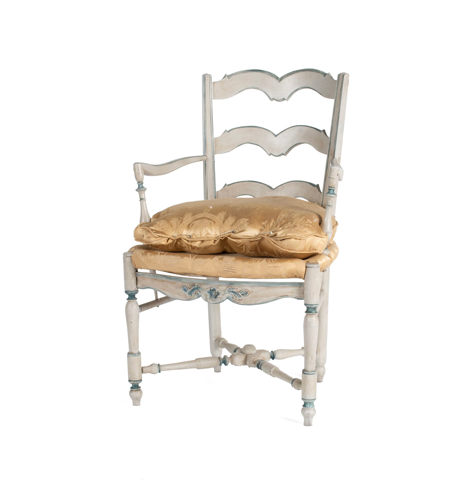 FRENCH PROVINCIAL STYLE LADDERBACK ARMCHAIR: FRENCH PROVINCIAL STYLE LADDERBACK ARMCHAIR Early 20th century. Painted blue and white with upholstered seat. 34 1/2 x 22 x 22 in. (87.6 x 55.9 x 55.9 cm.)