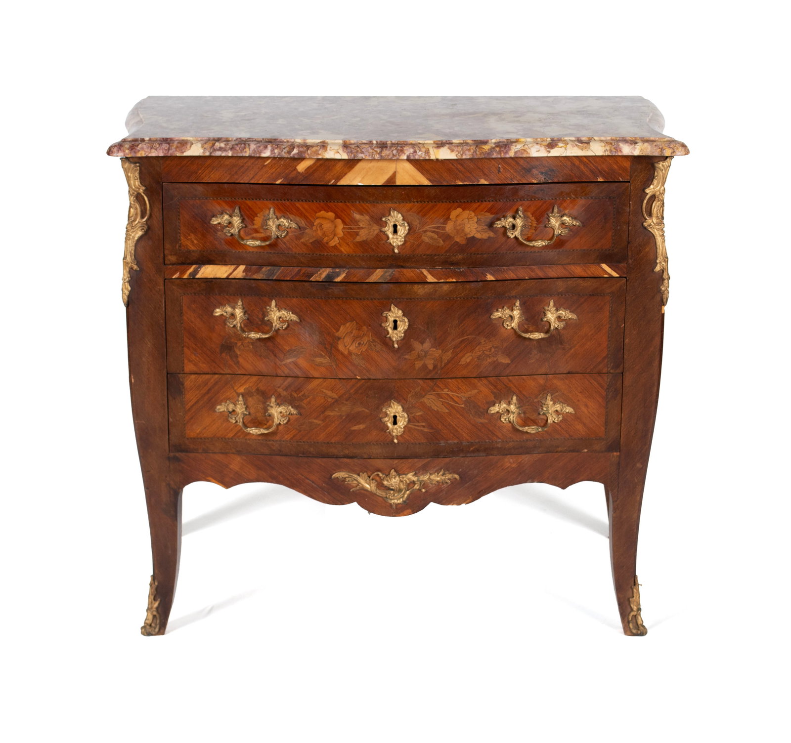 BOMBE MARBLE TOP COMMODE: BOMBE MARBLE TOP COMMODE Continental, circa 1900. Shaped marble top over the three long drawers, the case with ormolu mounts and inlaid highlights, some losses. 33 x 21 1/4 x 36 in. (83.8 x 54 x 91.4