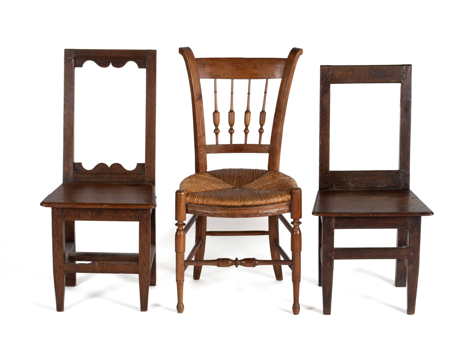 TWO FRENCH PROVINCIAL SIDE CHAIRS WITH ANOTHER: TWO FRENCH PROVINCIAL SIDE CHAIRS WITH ANOTHER 19th century. Two (2) open back provincial side chairs with another spindle back side chair. Largest: 34 in. (86.4 cm.), Pair: 31 1/2 in. (80 cm.)