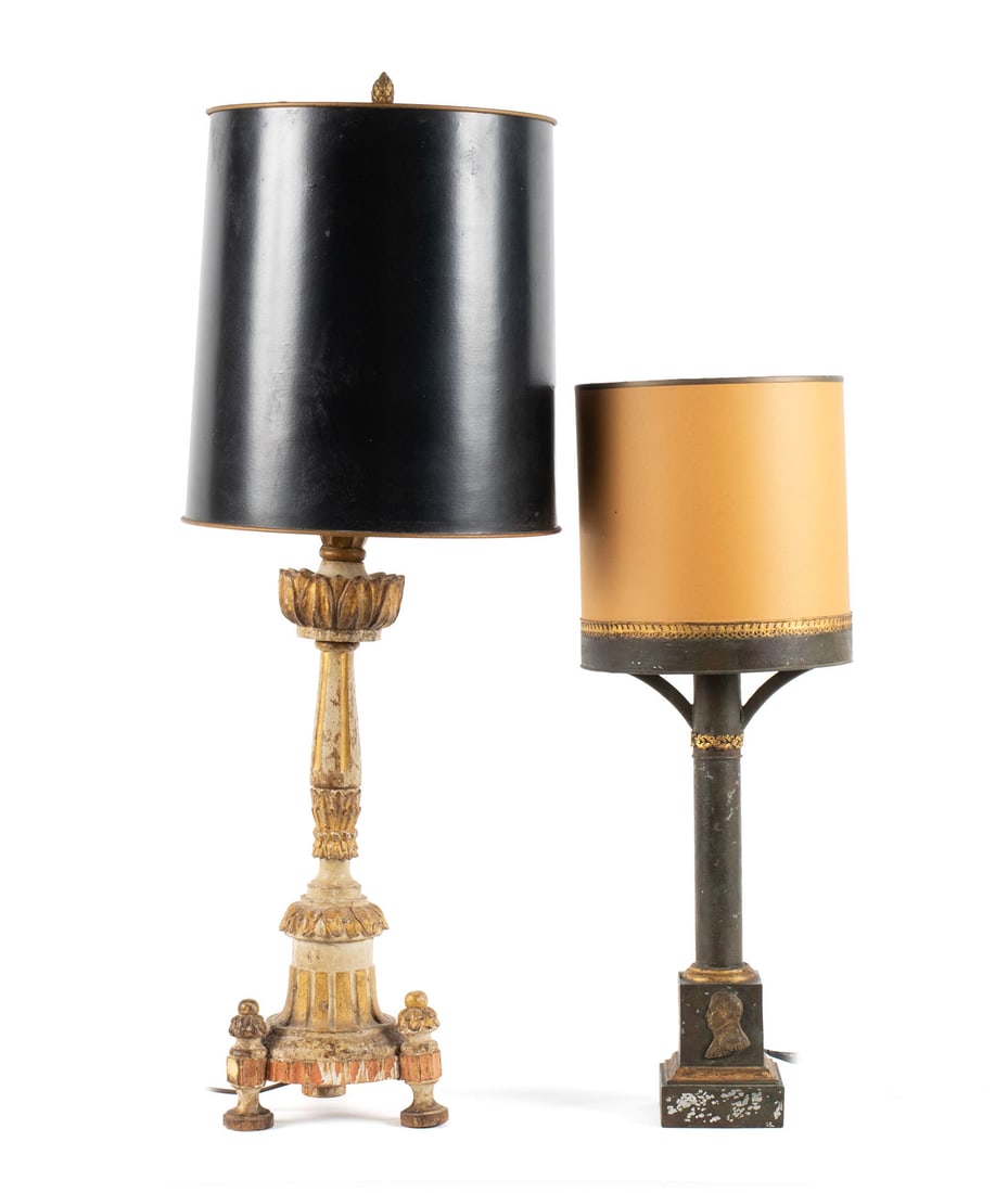 TWO CONTINENTAL DECORATIVE LAMPS: TWO CONTINENTAL DECORATIVE LAMPS Including a Neoclassical style painted and gilt wood base and an Empire style metal lamp base. Largest: 32 x 11 in. (81.3 x 27.9 cm.)