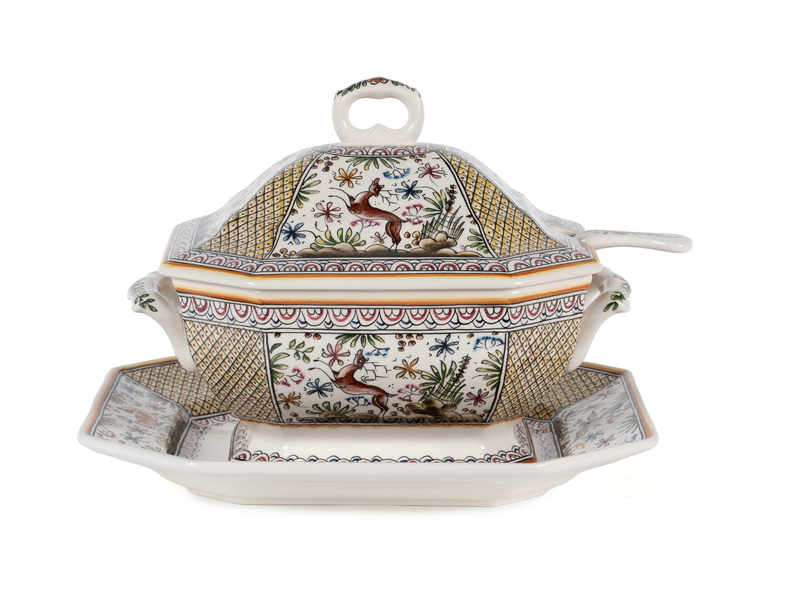 COIMBRA PORCELAIN HAND PAINTED SOUP TUREEN: COIMBRA PORCELAIN HAND PAINTED SOUP TUREEN Portuguese, 20th century. Tureen with ladle and undertray, with hand painted decoration. 10 1/2 x 12 x 15 in. (26.7 x 30.5 x 38.1 cm.)