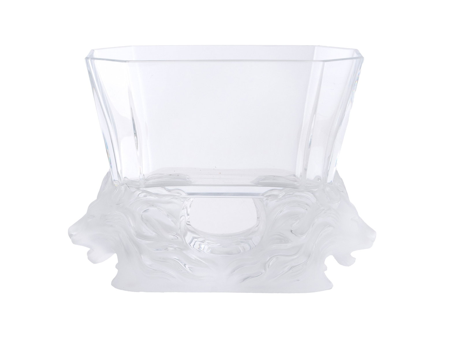 LALIQUE VENISE CENTERPIECE: LALIQUE VENISE CENTERPIECE French, 20th century, crystal. Rectangular container with canted corners, the base shows two lion heads, one at each end, signed. 6 1/4 x 8 1/2 x 3.70 in. (15.9 x 21.6 x