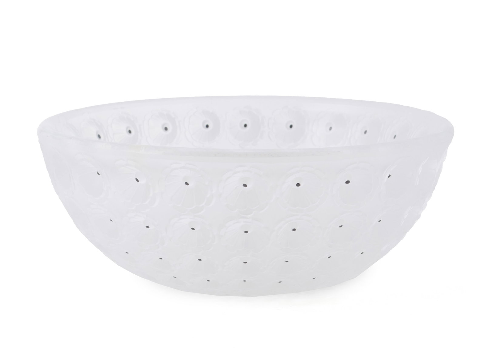 LALIQUE NEMOURS BOWL: LALIQUE NEMOURS BOWL French, 20th century. Frosted and clear crystal with enamel detail to allover poppy design, signed to bottom. Design originally created by Rene Lalique in 1929. 4 x 10 x 10 in.