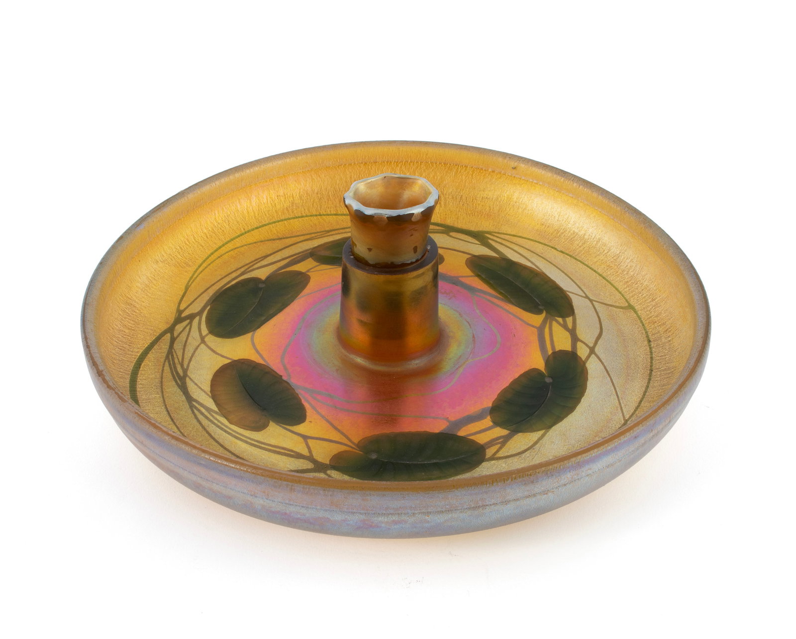 LOUIS COMFORT TIFFANY FAVRILE GLASS CENTER BOWL: LOUIS COMFORT TIFFANY FAVRILE GLASS CENTER BOWL American, early 20th century. Signed 'L.C. Tiffany - Favrile' and numbered 8972 L to bowl and insert. 4 x 13 in. (10.2 x 33 cm.)