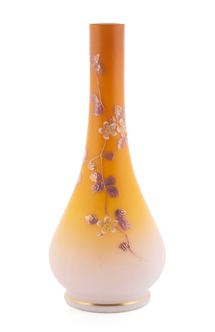 PEACH BLOW PAINTED VASE: PEACH BLOW PAINTED VASE American, circa 1900. Cased glass with hand painted floral design in the Japanese style on the amber down to peach satin finished bottle form vase with gilt highlights. 10 1/4 