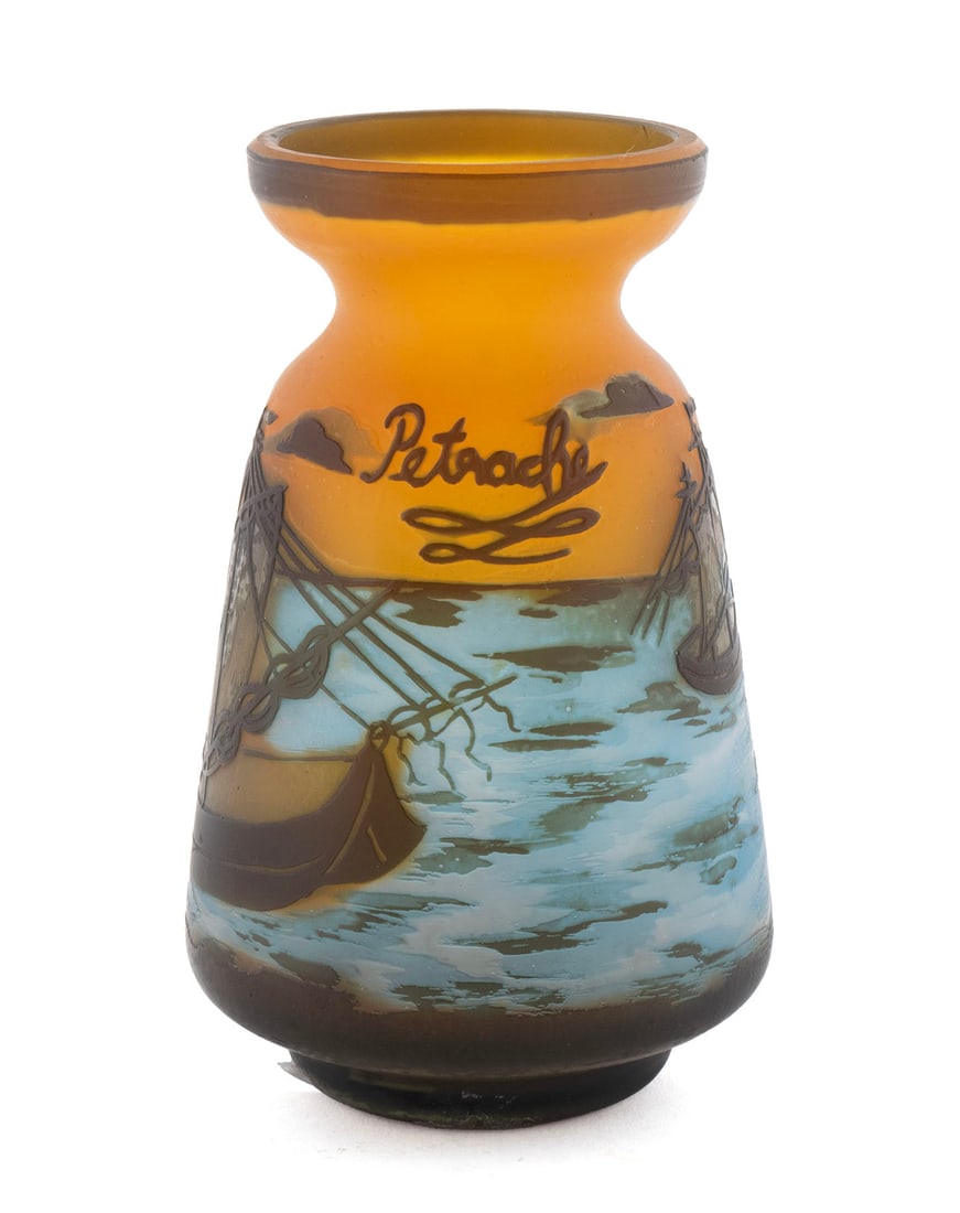 PETRACHE CAMEO ART GLASS VASE: PETRACHE CAMEO ART GLASS VASE Romanian, 20th century, signed in the sky. Decorated with ships on the water against an amber sky and blue sea. 5.09 in. (13 cm.)