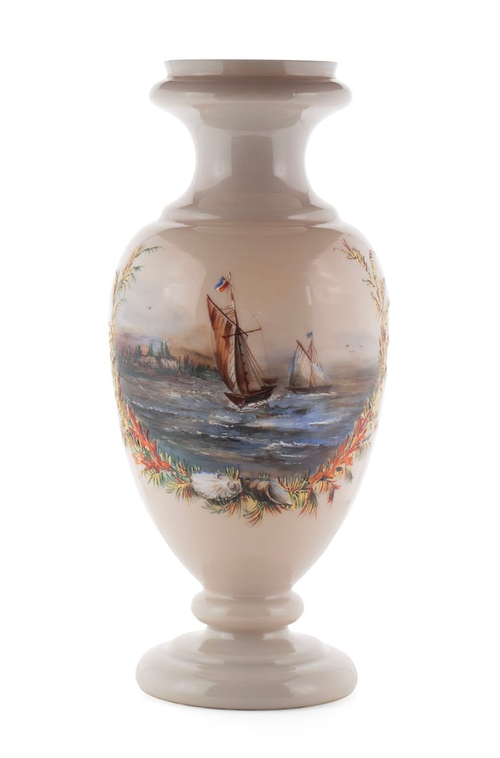 BRISTOL GLASS VASE: BRISTOL GLASS VASE English, 19th century. Tall off-white glass painted to one side with sailing ships on the water near the shore. 15 3/4 in. (40 cm.)