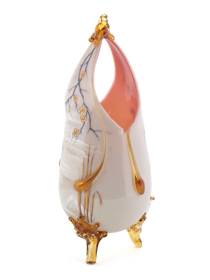 VENETIAN ART GLASS VASE: VENETIAN ART GLASS VASE Italian, 19th/20th century, possibly by Cesare Toffolo of Murano in the 'Anfora Amber' design. White over pink hand-blown cased glass with dripping amber glass highlights
