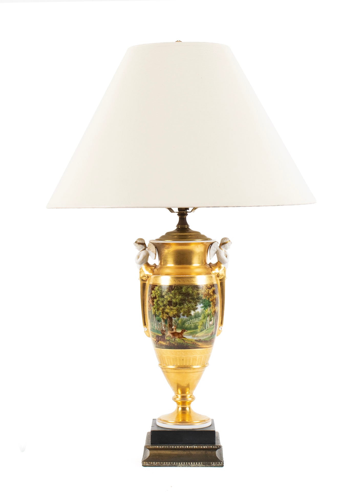 PARIS PORCELAIN VASE LAMP: PARIS PORCELAIN VASE LAMP French, 19th century. Empire style gilt porcelain vase with scene of deer in the forest, mounted as a lamp. Base: 13 1/4 in. (33.7 cm.), Overall: 24 1/2 in. (62.2 cm.)