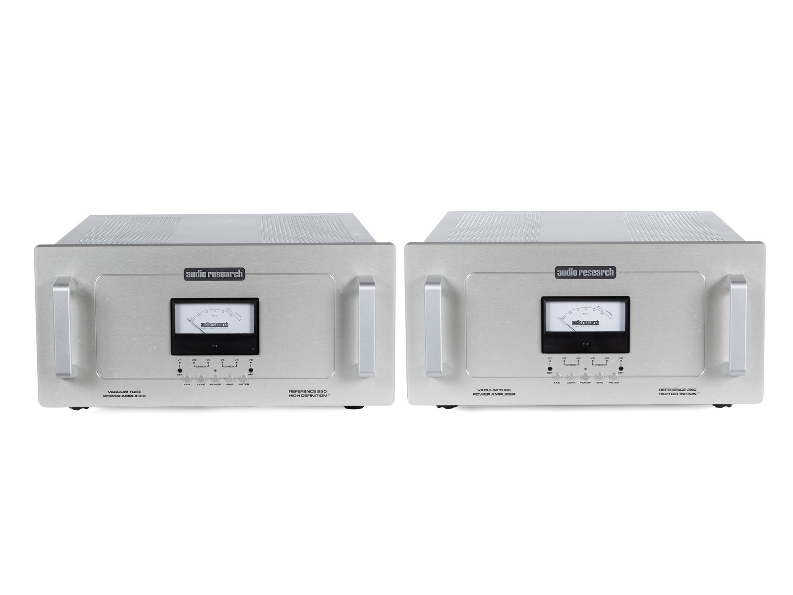 PAIR OF AUDIO RESEARCH REFERENCE 250 MONO AMPLIFIERS: PAIR OF AUDIO RESEARCH REFERENCE 250 MONO AMPLIFIERS Pair of 250-watt vacuum tube monoblock amplifier's, original boxes and owner's manuals. Each: 9 x 22 x 19 in. (22.9 x 55.9 x 48.3 cm.) Ea.