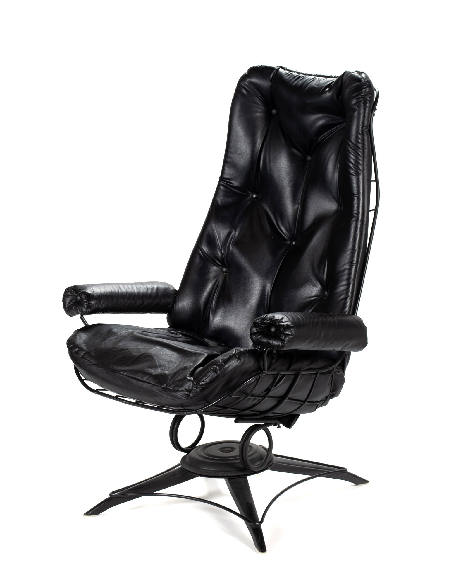 HOMECREST BLACK LOUNGE CHAIR: HOMECREST BLACK LOUNGE CHAIR American, mid-20th century. High-back swivel rocking lounger with black vinyl cushion. 42 x 21 x 31 in. (106.7 x 53.3 x 78.7 cm.)