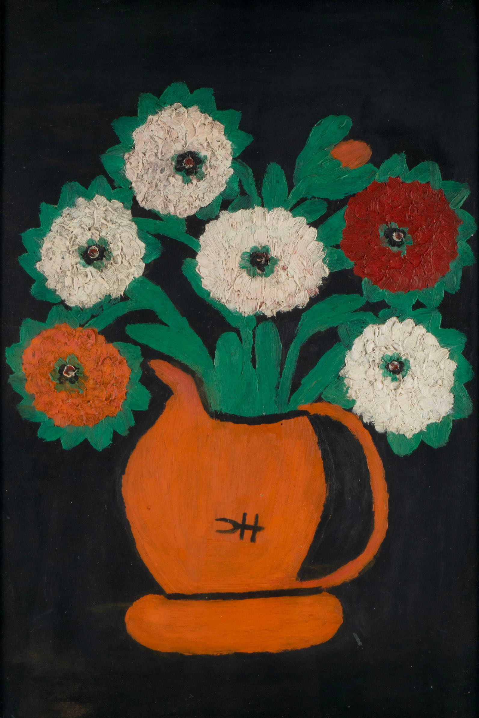 ATTRIBUTED TO CLEMENTINE HUNTER (AMERICAN, 1887-1988): ATTRIBUTED TO CLEMENTINE HUNTER (AMERICAN, 1887-1988) Oil on board, initialed lower center. Still life with vase of zinnias, framed. 17 x 11 1/2 in. (43.2 x 29.2 cm.), Frame: 25 x 19 in. (63.5 x 48.3 
