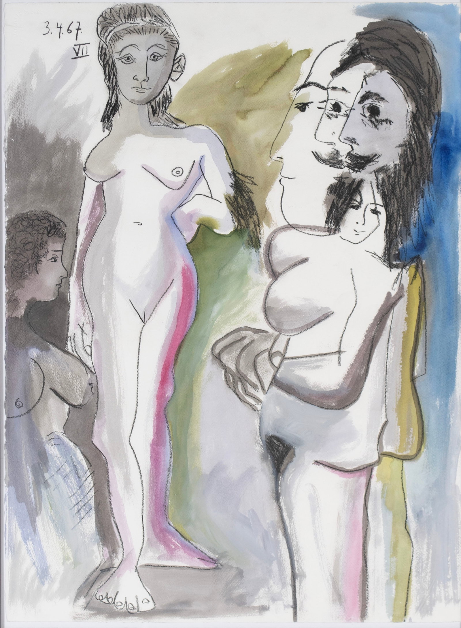 AFTER PICASSO, 'CUBIST FIGURE GROUP': AFTER PICASSO, 'CUBIST FIGURE GROUP' Watercolor on Arches paper, framed. Frame: 33 3/4 x 25 3/4 in. (85.7 x 65.4 cm.)