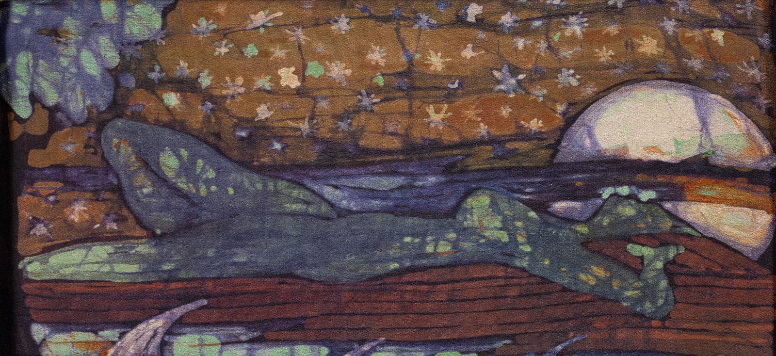 TANASKO MILOVICH (AMERICAN (ST. LOUIS), 1900-1964): Tanasko Milovich American (St. Louis), 1900-1964 Evening Batik Signed and titled on the mat. Figure lying in under the moon and stars, surrounded by large matting. Sheet: 10 1/2 x 15.69 in. (26.7 x 39