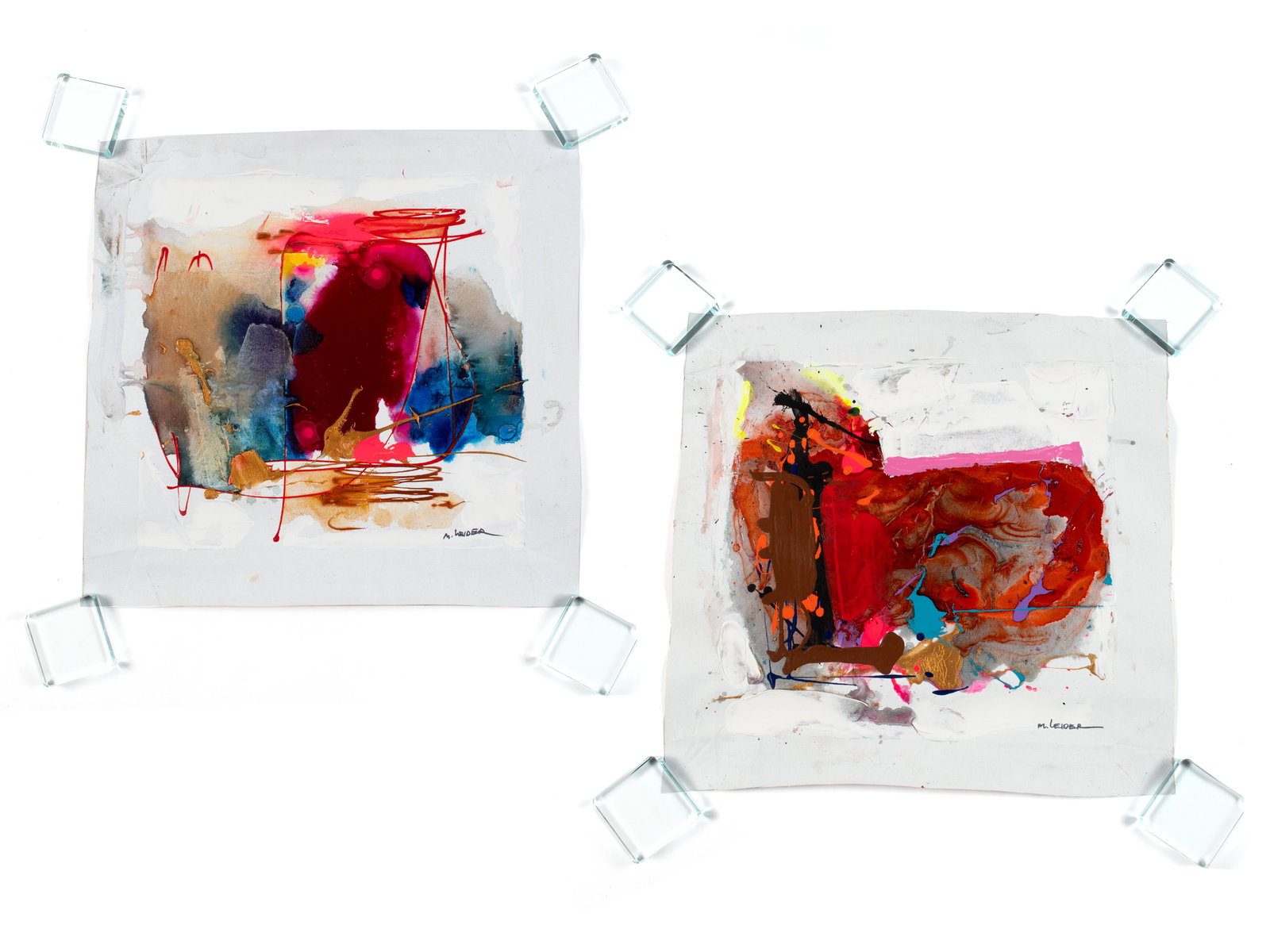 MOSHE LEIDER (RUSSIAN, B. 1945): Moshe Leider Russian, b. 1945 Acrylic on canvas Signed lower right. Two works, abstract compositions, unframed. 19 1/2 x 20 1/4 in. (49.5 x 51.4 cm.)