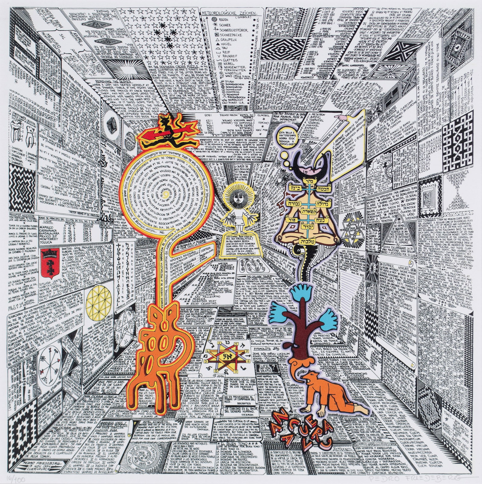 PEDRO FRIEDEBERG (MEXICAN, B. 1936): Pedro Friedeberg Mexican, b. 1936 The Taro News Serigraph Signed in pencil lower right and numbered 16/100. Matted and framed. Sheet: 21 x 21 in. (53.3 x 53.3 cm.), Frame: 27 x 27 in. (68.6 x 68.6 cm.