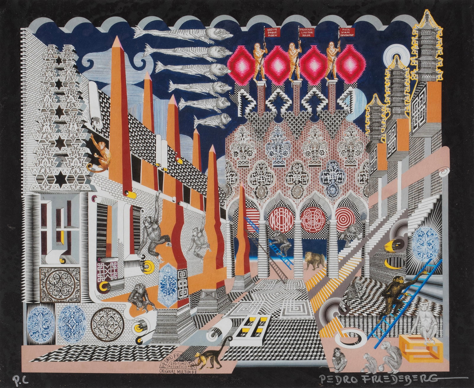 PEDRO FRIEDEBERG (MEXICAN, B. 1936): Pedro Friedeberg Mexican, b. 1936 Changuitos de la Ciudad Serigraph Signed and editioned P.C. Matted and framed. 15 x 19 in. (38.1 x 48.3 cm.), Frame: 21 1/4 x 25 1/4 in. (54 x 64.1 cm.)