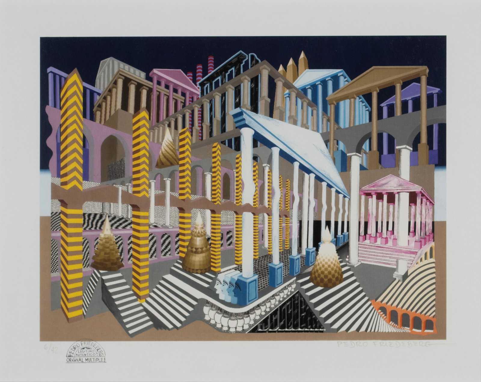 PEDRO FRIEDEBERG (MEXICAN, B. 1936): Pedro Friedeberg Mexican, b. 1936 El Siglo de Pericles Serigraph Signed in pencil lower right and numbered 6/42, with artist's stamp. Matted and framed. 15 x 18 1/2 in. (38.1 x 47 cm.), Frame: 20 3/4 