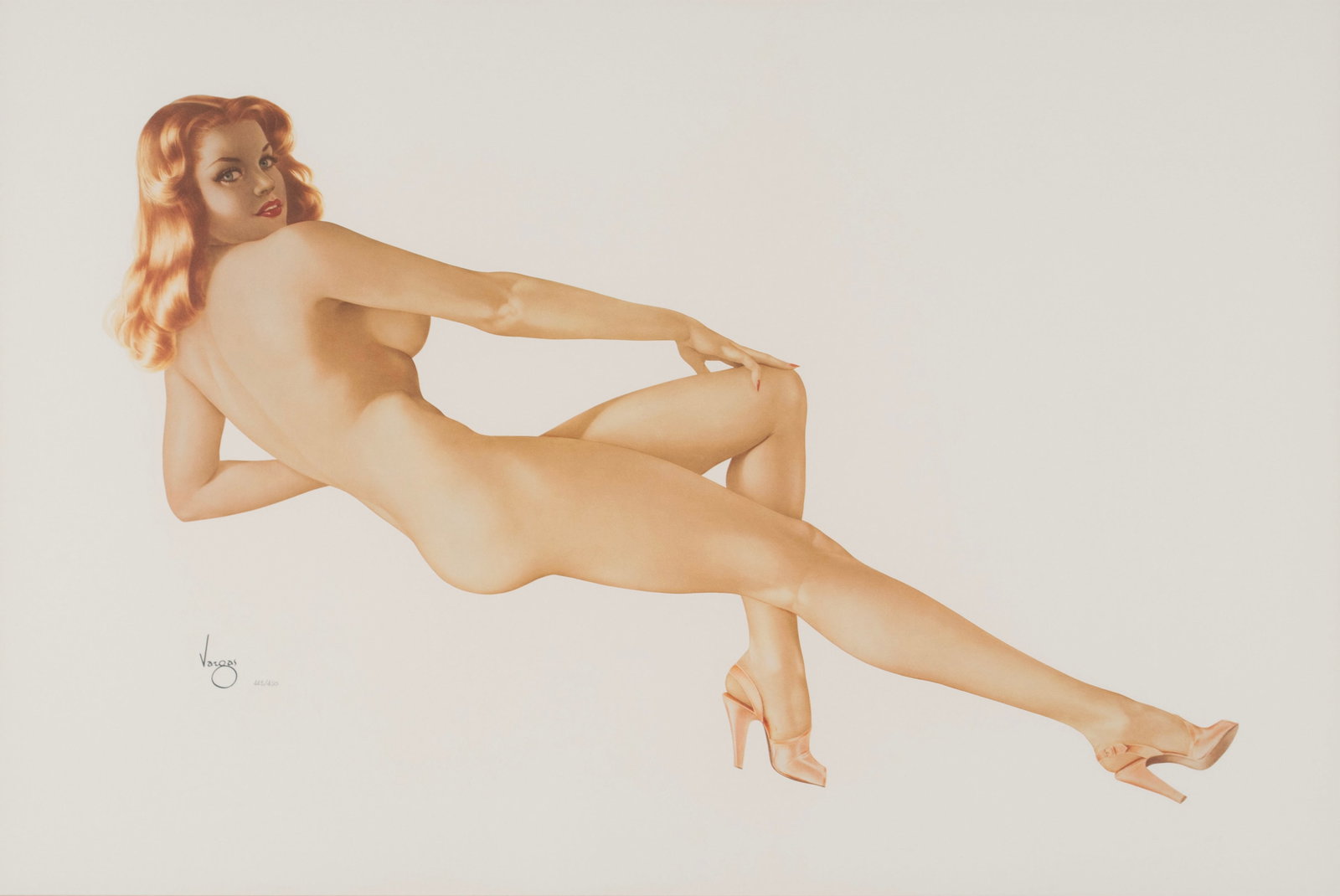 ALBERTO VARGAS (PERUVIAN/AMERICAN, 1896-1982): Alberto Vargas Peruvian/American, 1896-1982 Legacy Girl Lithograph Signed in the plate and numbered 443/450, 1997, with COA. From the Legacy Nude series known as "Legacy Nude #5: Red Fire", matted and