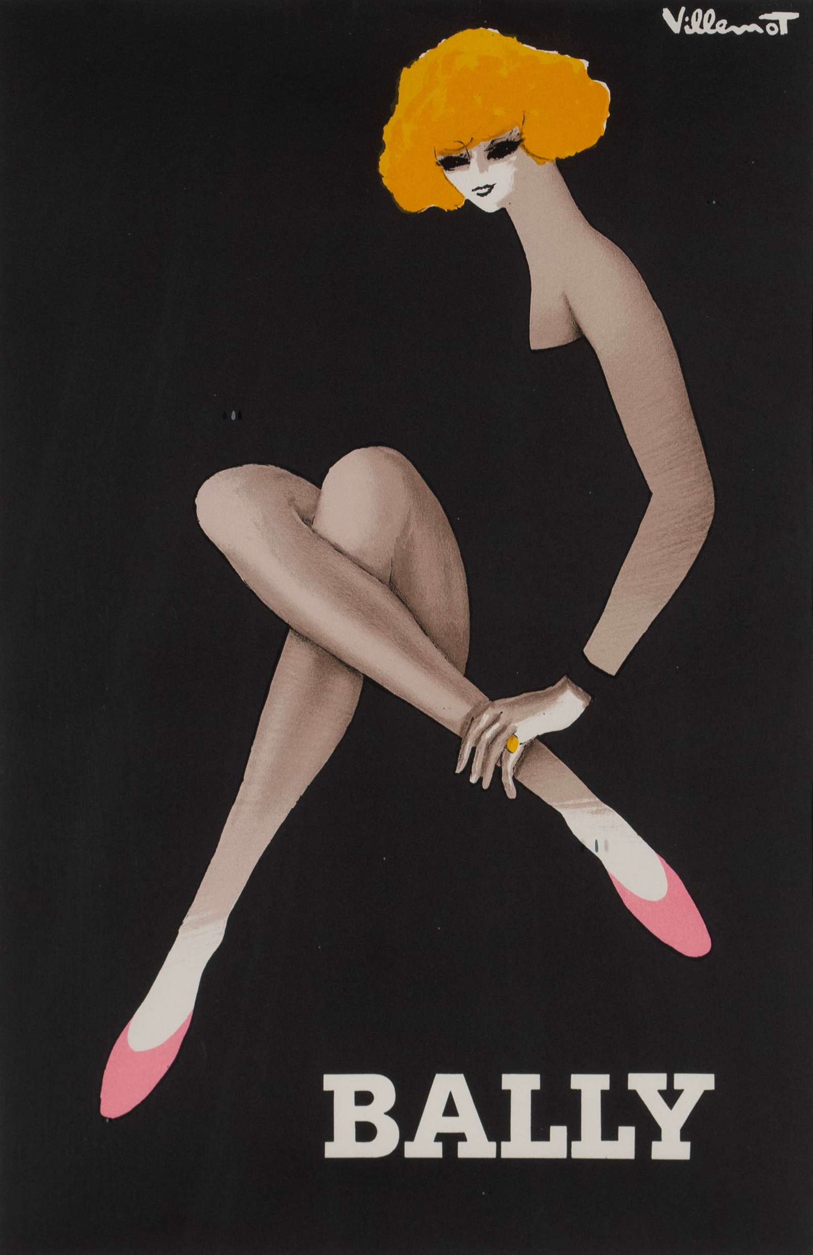 BERNARD VILLEMOT (FRENCH, 1911-1989): Bernard Villemot French, 1911-1989 Belle Affiche La Blonde Bally, 1982 Offset lithograph Signed in plate. Matted and framed. Sight: 23 1/4 x 15 in. (59.1 x 38.1 cm.), Frame: 35 x 26 1/2 in. (88.9 x 67