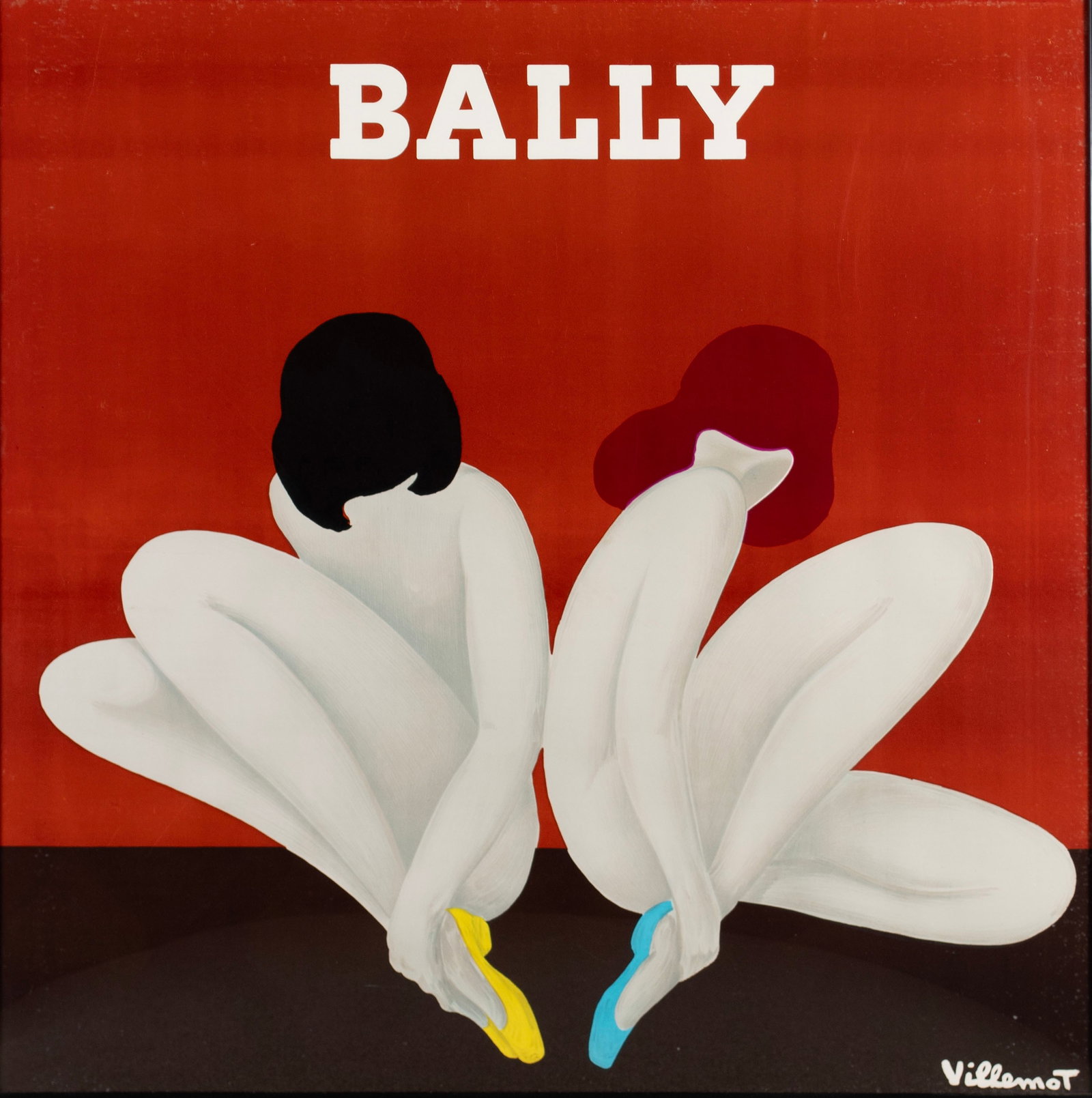 BERNARD VILLEMOT (FRENCH, 1911-1989): Bernard Villemot French, 1911-1989 Bally-Lotus, 1977 Offset lithograph Signed in plate -- poster has been cut or folded, leaving the height shortened. Framed. Sight: 45 3/4 x 45 3/4 in. (116.2 x 116.2