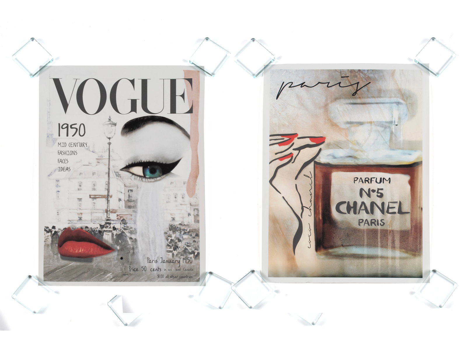 TWO POSTERS, VOGUE AND CHANEL: TWO POSTERS, VOGUE AND CHANEL Lithographs, one after the Erwin Blumenfeld Vogue magazine cover art featuring Jean Patchett from January 1950, the other inspired by Andy Warhol's Chanel No 5. Both unfr