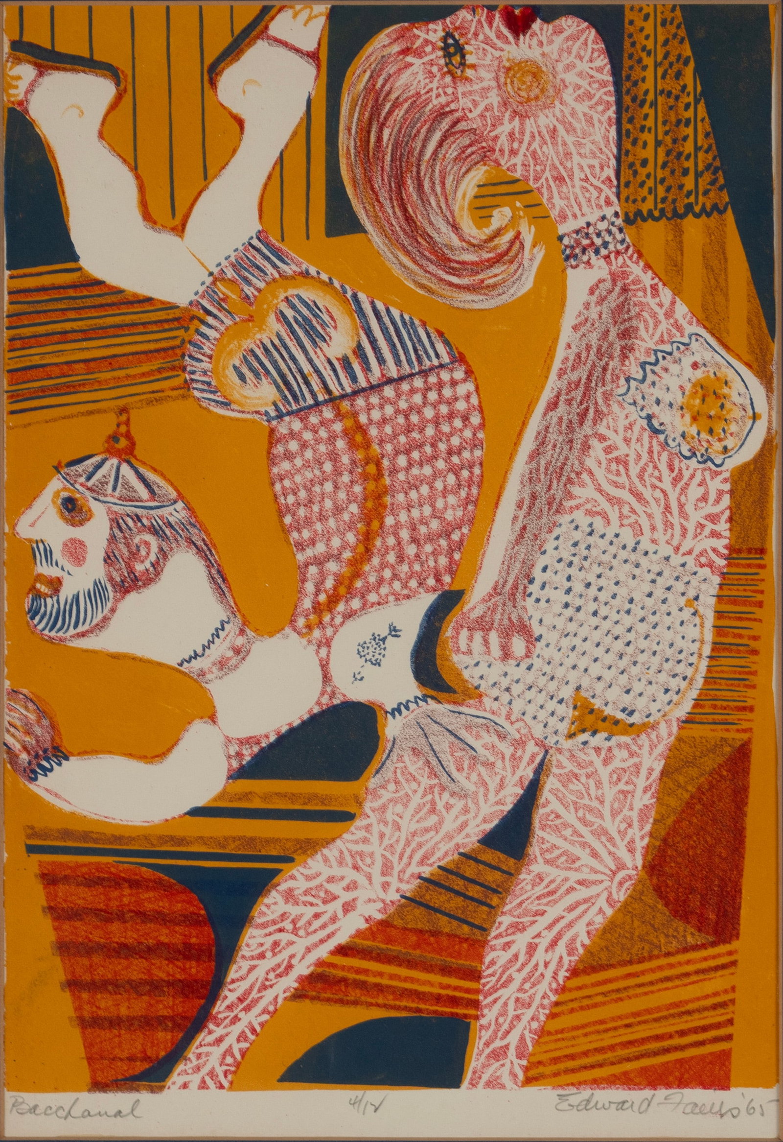 EDWARD (TED) FAIERS (AMERICAN, 1908-1985): Edward (Ted) Faiers American, 1908-1985 Bachanal Woodblock Signed, titled, dated '65, and numbered 4/12 in pencil to lower margin. Matted and framed. Sight: 15 1/2 x 10 1/2 in. (39.4 x 26.7 cm.), Fram