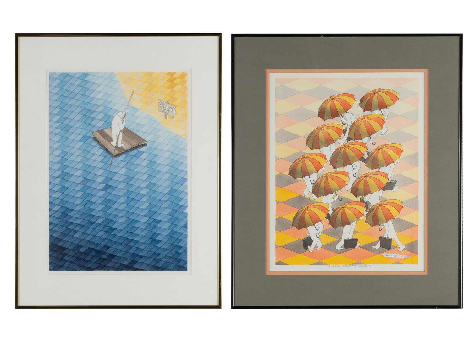 DAN BILLINGS (AMERICAN, 20TH C.): Dan Billings American, 20th c. Two Works Watercolor and lithograph Including an original watercolor titled 'Shove Off', signed lower right, and a lithograph titled 'Reigning Corporate Giants II'. Both