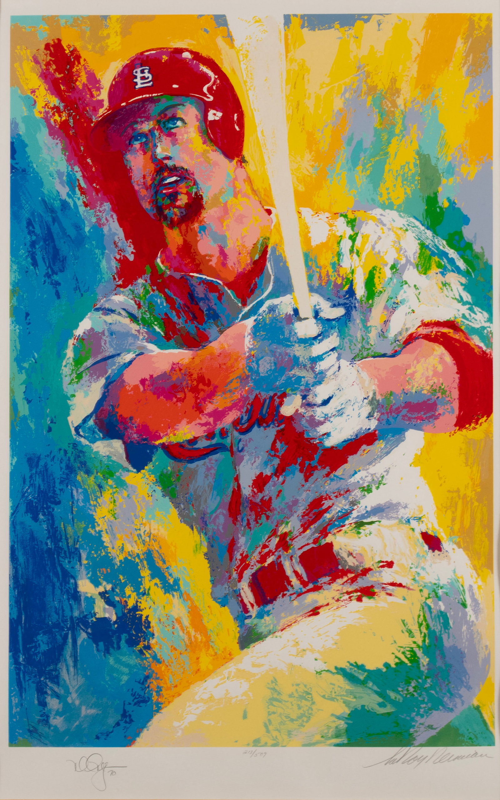 LEROY NEIMAN (AMERICAN, 1921-2012): Leroy Neiman American, 1921-2012 Mark McGwire Serigraph Signed by Neiman and McGwire, and numbered 213/209 in pencil to lower margin. Matted and framed. Image: 44 x 27 1/2 in. (111.8 x 69.9 cm.), Fram