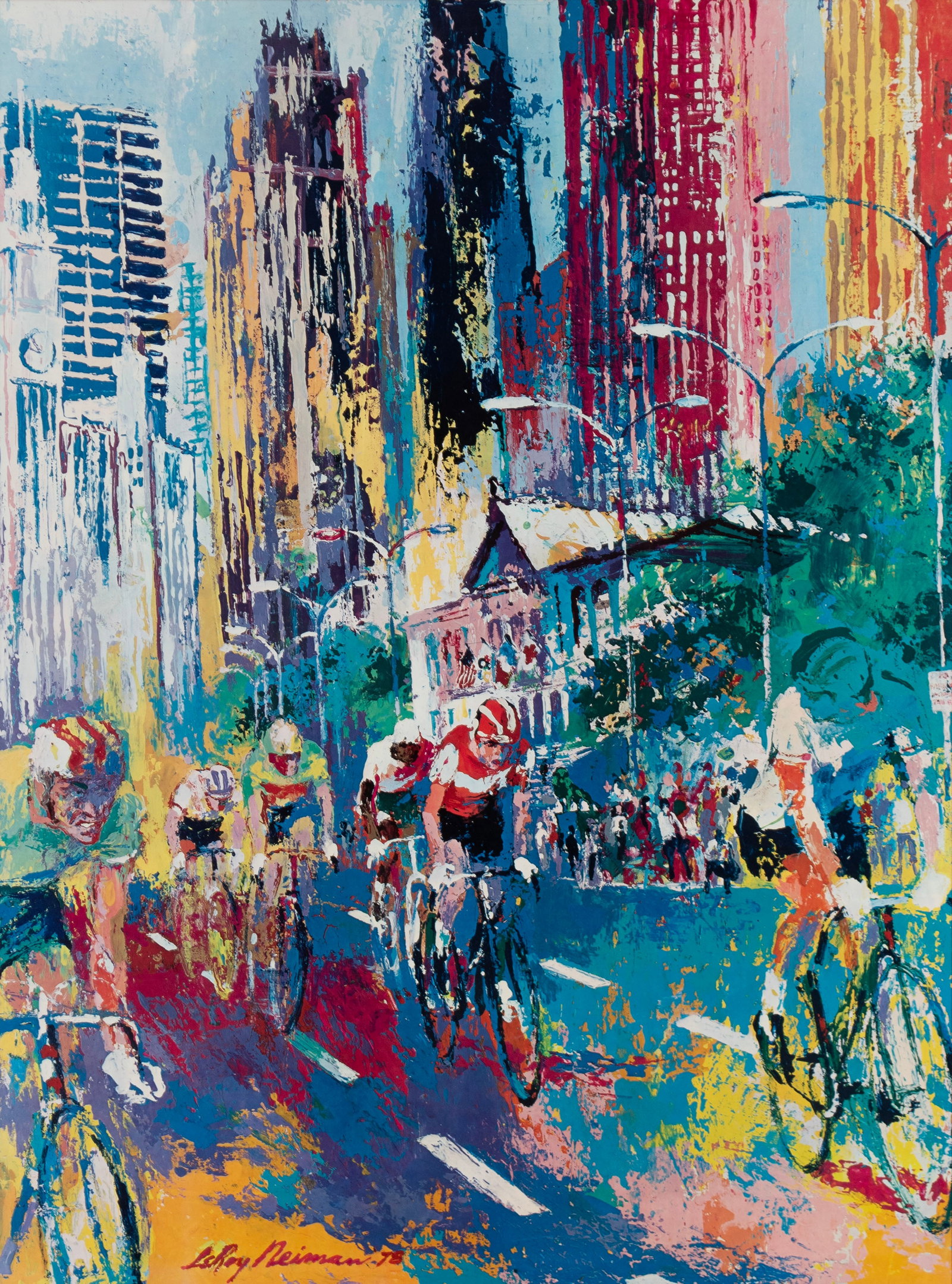 LEROY NEIMAN (AMERICAN, 1921-2012): Leroy Neiman American, 1921-2012 Boul Mich Bike Rally Print Matted and framed. 32 x 23 1/2 in. (81.3 x 59.7 cm.), Frame: 47 1/2 x 39 in. (120.7 x 99.1 cm.)
