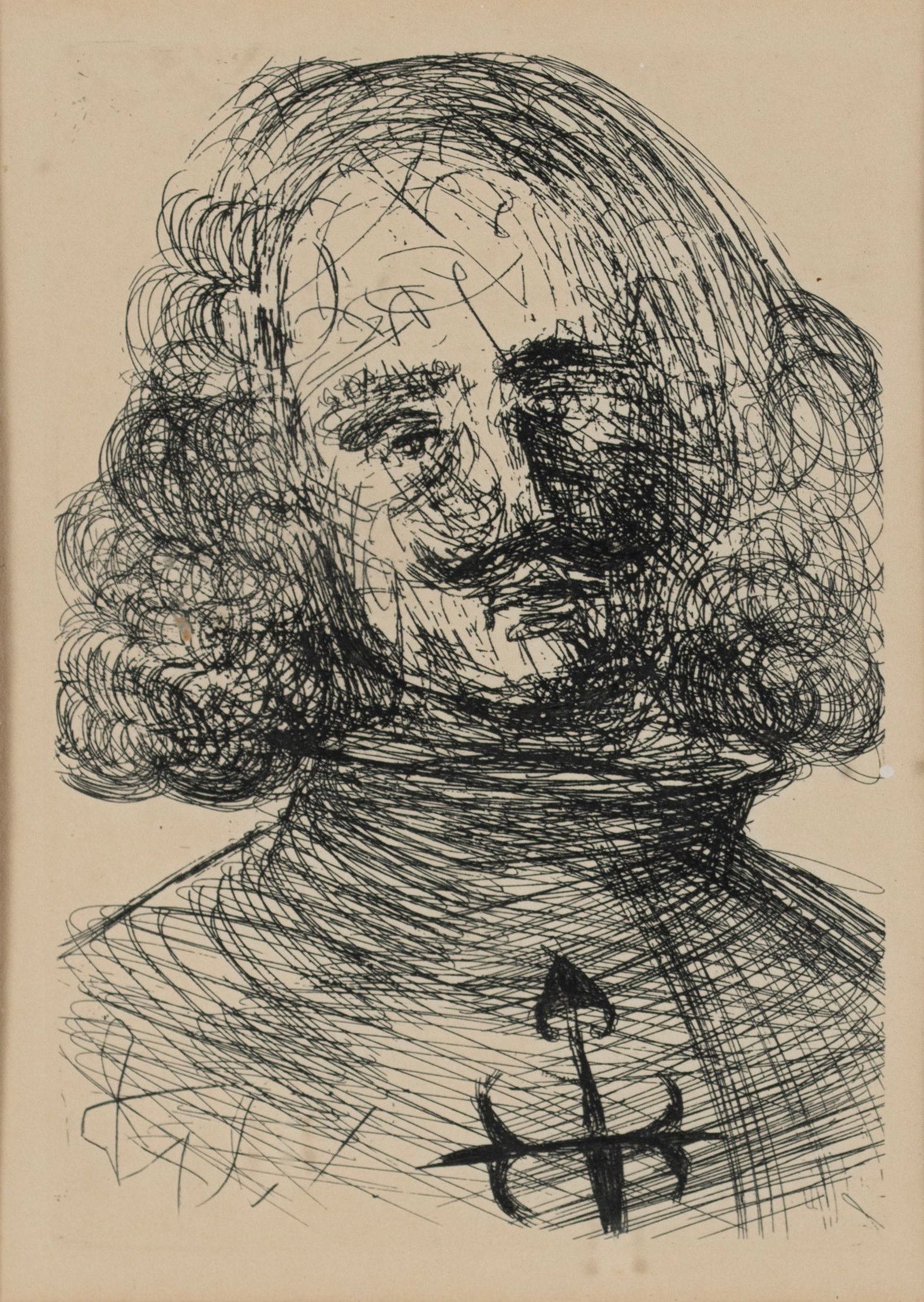 SALVADOR DALI 'VELAZQUEZ' ETCHING: SALVADOR DALI 'VELAZQUEZ' ETCHING Signed in plate, with Collector's Guild label to verso. Matted and framed. Plate: 6 3/4 x 4 3/4 in. (17.1 x 12.1 cm.), Frame: 15 x 12 in. (38.1 x 30.5 cm.)