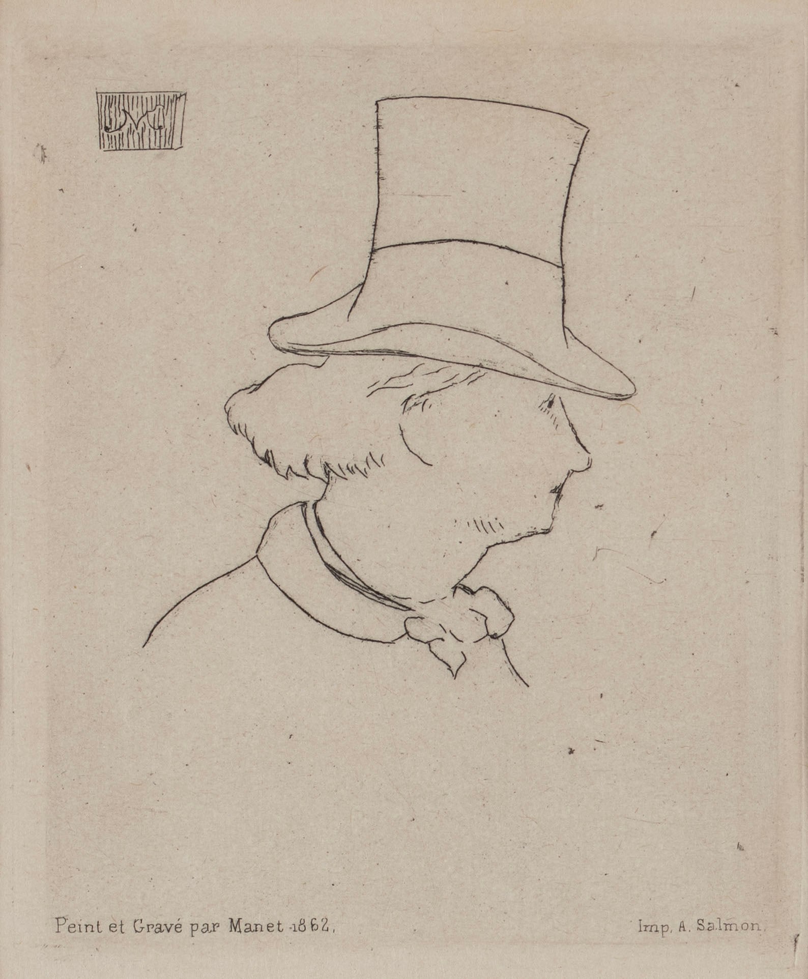 AFTER MANET, PORTRAIT OF CHARLES BAUDELAIRE ETCHING: AFTER MANET, PORTRAIT OF CHARLES BAUDELAIRE ETCHING Signed in plate, published by A. Salmon. Matted and framed. Plate: 4 x 3 1/2 in. (10.2 x 8.9 cm.), Frame: 12 x 11 1/2 in. (30.5 x 29.2 cm.)