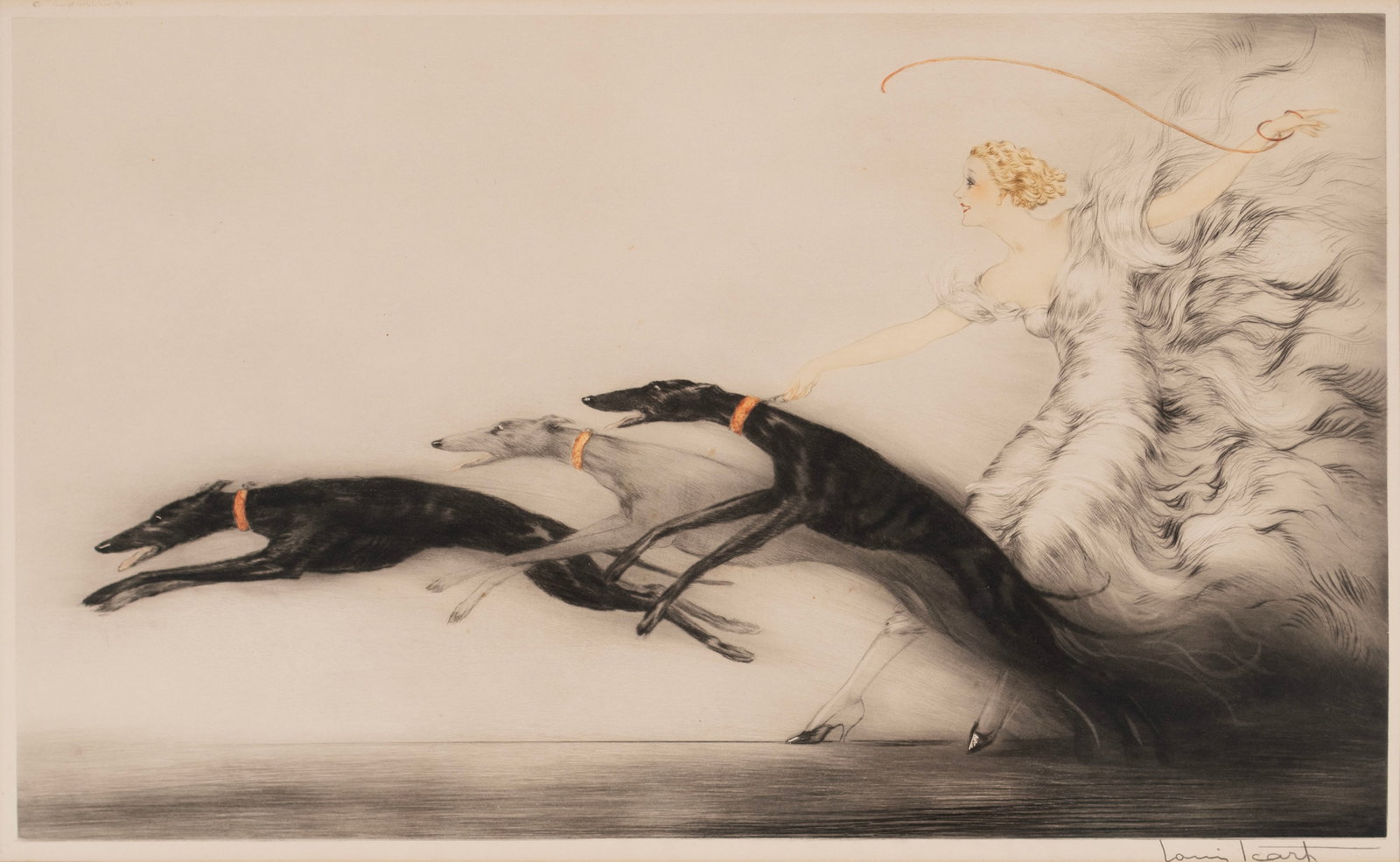 LOUIS ICART ETCHING, 'SPEED': LOUIS ICART ETCHING, 'SPEED' 20th century, signed lower right, etching and dry point with colors, bears blind stamp lower left corner, upper left with "Copyright 1933 by L. Icart Sty. N. Y." and ident