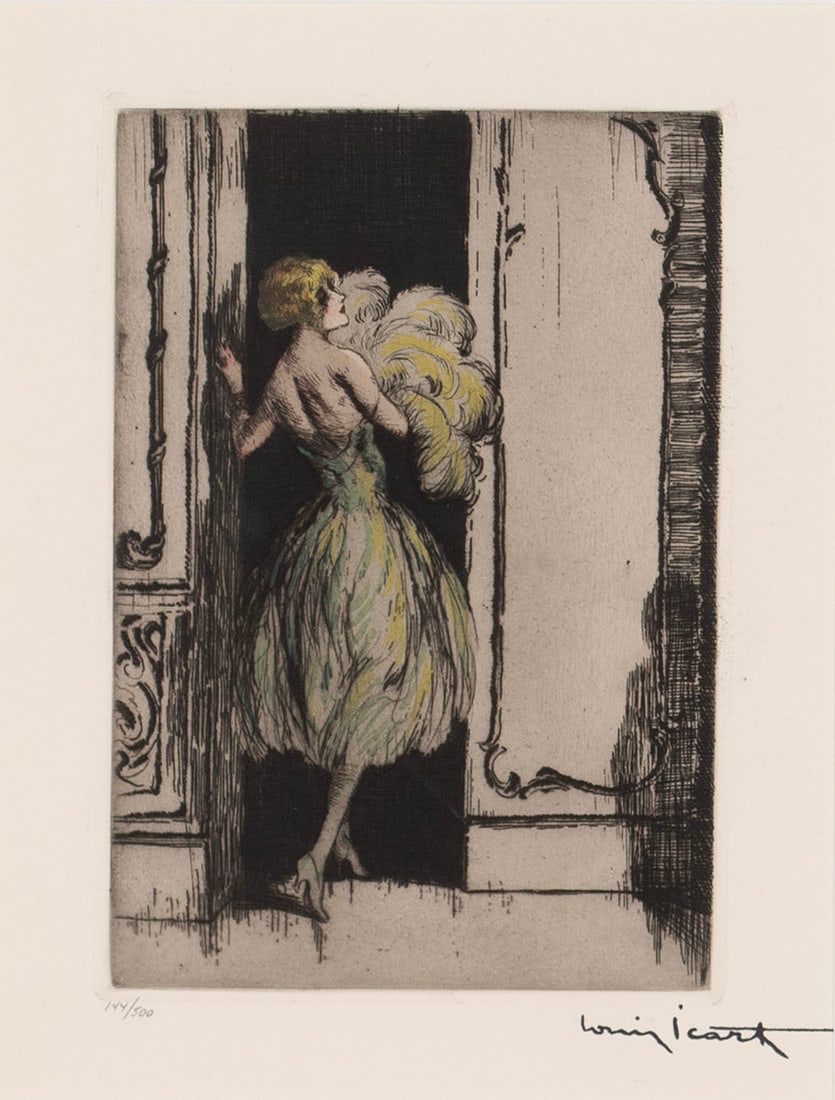 LOUIS ICART ETCHING, 'FEATHERED GOWN': LOUIS ICART ETCHING, 'FEATHERED GOWN' Stamped signature lower right, numbered 144/500 lower left. From 'L'ingenue Libertine', matted and framed. Plate: 8 1/2 x 6 in. (21.6 x 15.2 cm.), Frame: 18 1/4 x