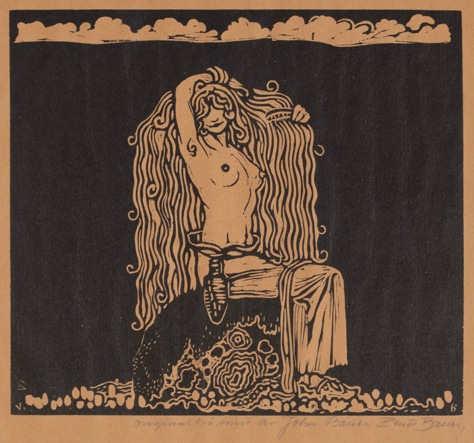 JOHN BAUER (SWEDISH, 1882-1918): John Bauer Swedish, 1882-1918 Sagoflickan Woodcut Signed in pencil lower right. Framed. 14 x 14 in. (35.6 x 35.6 cm.), Frame: 14 1/2 x 14 1/2 in. (36.8 x 36.8 cm.)
