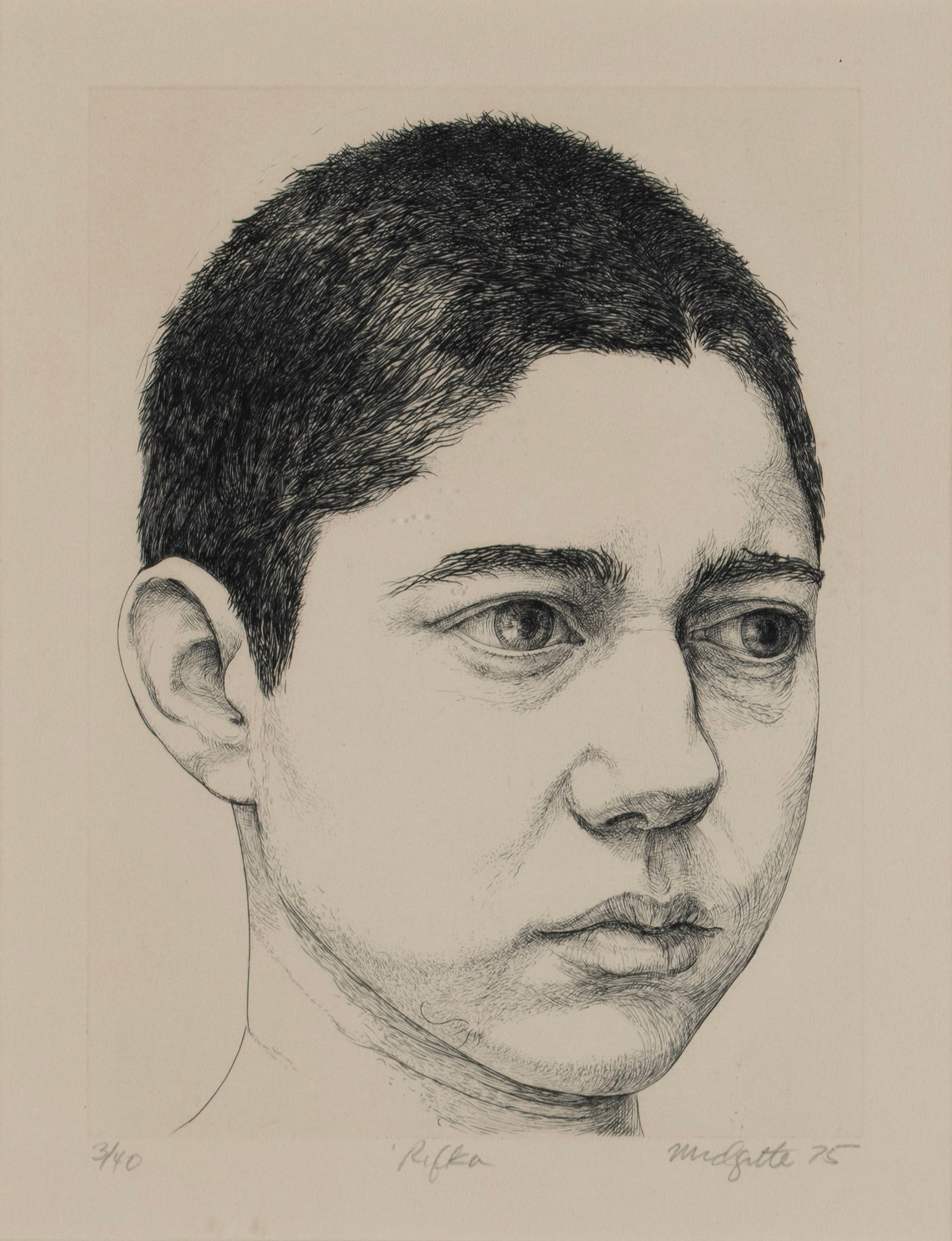 WILLARD MIDGETTE (AMERICAN, 1937-1978): Willard Midgette American, 1937-1978 Rifka Engraving Signed, dated 75, titled, and numbered 3/40 in pencil along lower edge. Matted and framed. Plate: 8 x 5 3/4 in. (20.3 x 14.6 cm.), Frame: 16 3/4 x 