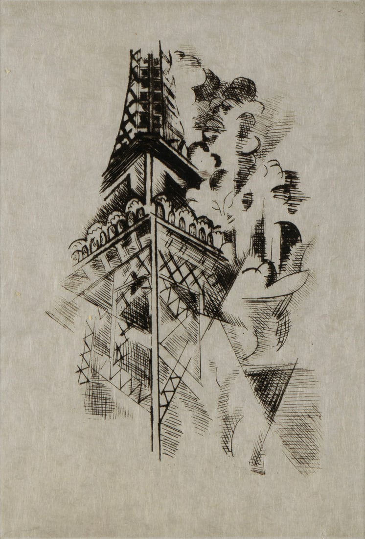 AFTER ROBERT DELAUNAY (FRENCH, 1885-1941): AFTER ROBERT DELAUNAY (FRENCH, 1885-1941) 'Tour Eiffel', etching, unsigned. Matted and framed. Plate: 8 1/2 x 5 3/4 in. (21.6 x 14.6 cm.), Frame: 19 1/2 x 15 3/4 in. (49.5 x 40 cm.)