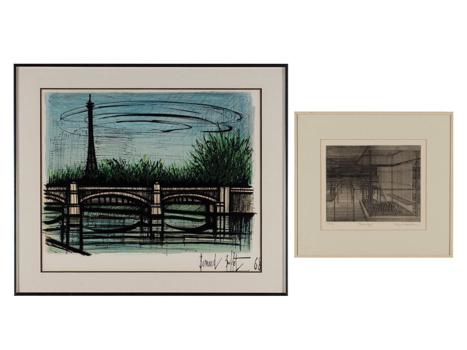 TWO MODERNIST PRINTS: TWO MODERNIST PRINTS Including 'Tayra Cage', an etching by Amy Worthen, numbered 127/150, and a Bernard Buffet lithograph of Paris, with Collector's Guild label to verso. Both matted and framed. Buffe