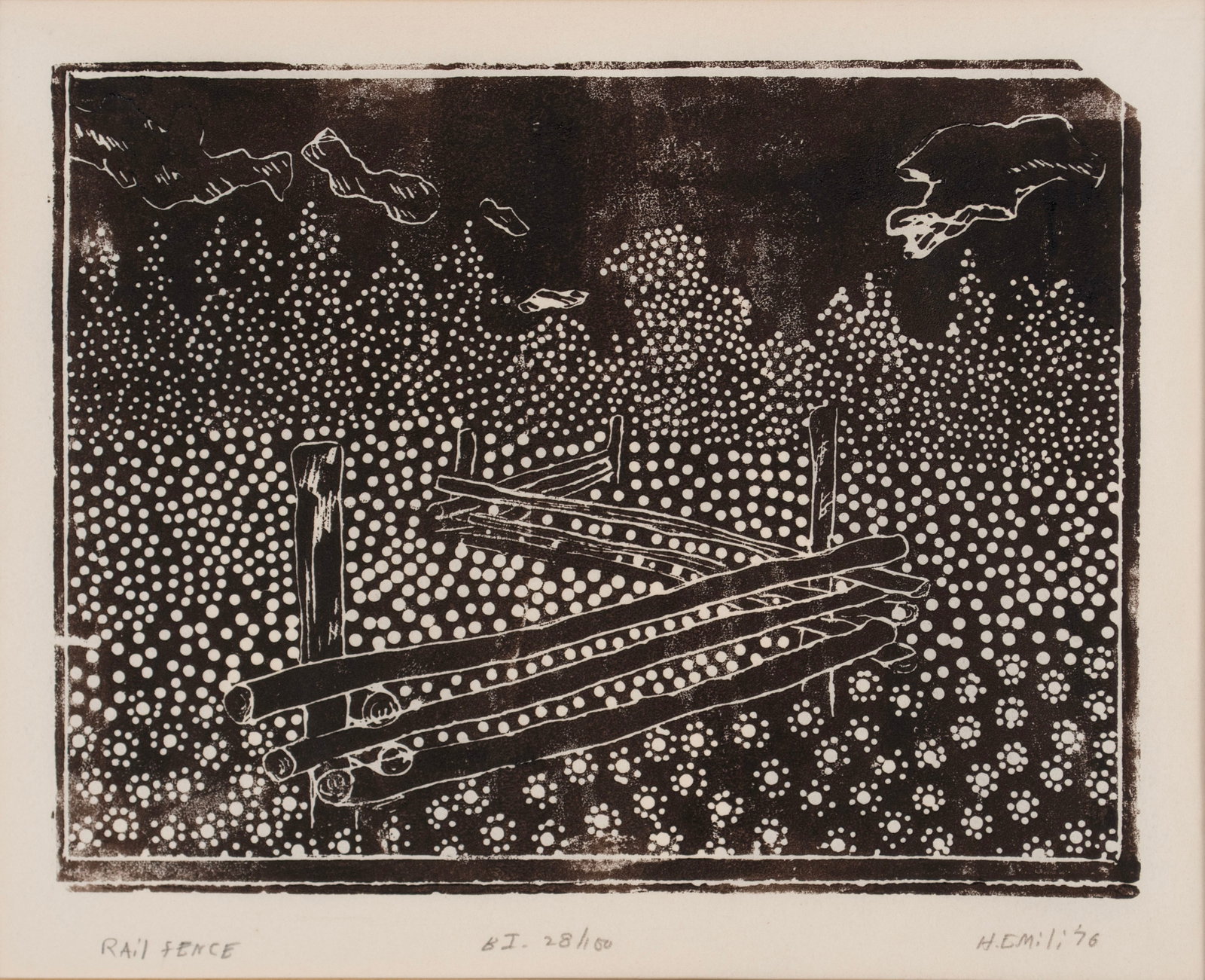 HARRY E. MILI (AMERICAN, 20TH C.): Harry E. Mili American, 20th c. Rail Fence Woodblock Signed, dated '76, and numbered 28/100. Matted and framed. 6 1/2 x 9 in. (16.5 x 22.9 cm.), Frame: 14 x 15 1/2 in. (35.6 x 39.4 cm.)