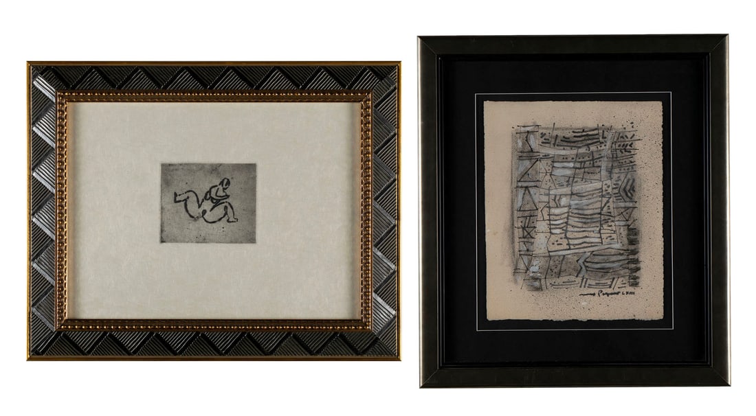 TWO MODERNIST PRINTS: TWO MODERNIST PRINTS 20th century. Including an unsigned etching of a nude attributed to Jean Fautrier, and a Max Papart lithograph, signed and dated lower right. Both framed. Papart sheet: 12 1/4 x