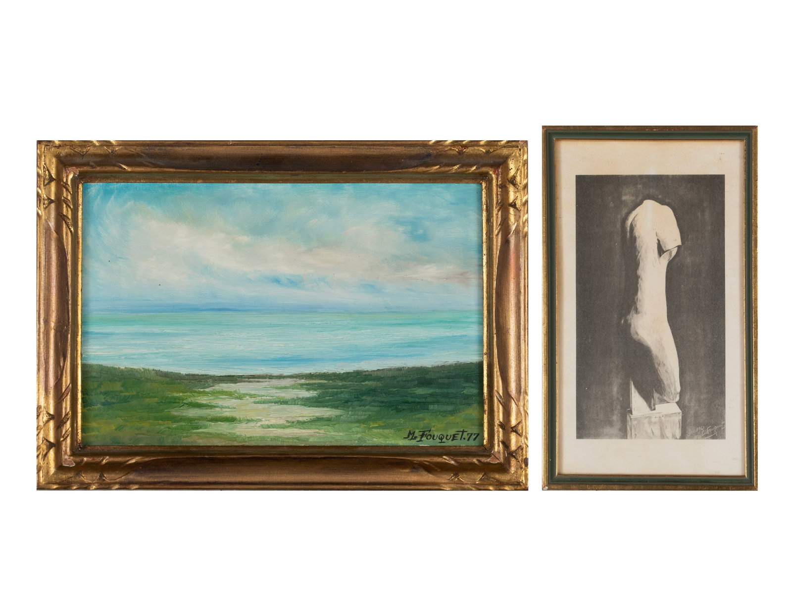 PAINTING AND PRINT BY MICHAEL FOUQUET: PAINTING AND PRINT BY MICHAEL FOUQUET Oil on canvas, signed and dated 77 lower right, coastal landscape, framed, and an offset lithograph of a Classical sculpture, signed and dated Dec 1961 in print
