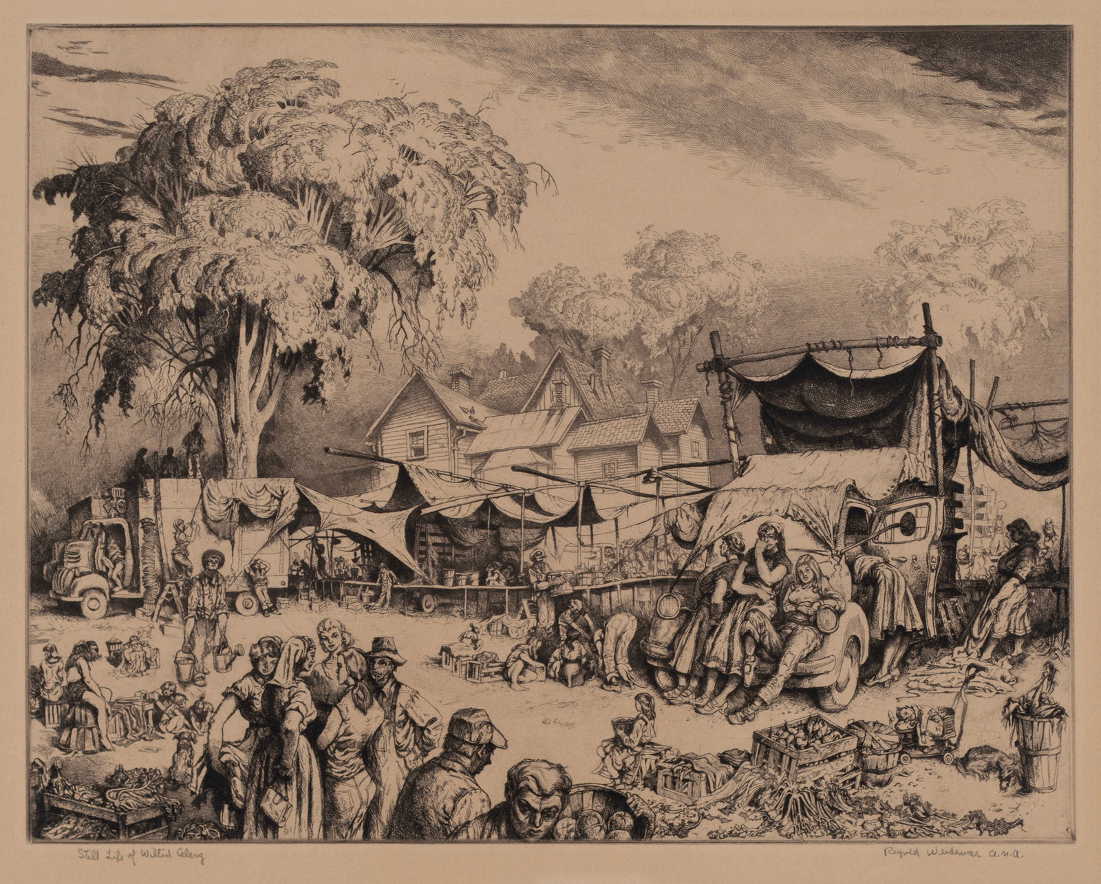 REYNOLD WEIDENAAR (AMERICAN, 1915-1985): Reynold Weidenaar American, 1915-1985 Still Life of Wilted Celery Etching Signed and titled in pencil in lower margin. Country market scene with laborers, children at play, and wilted celery