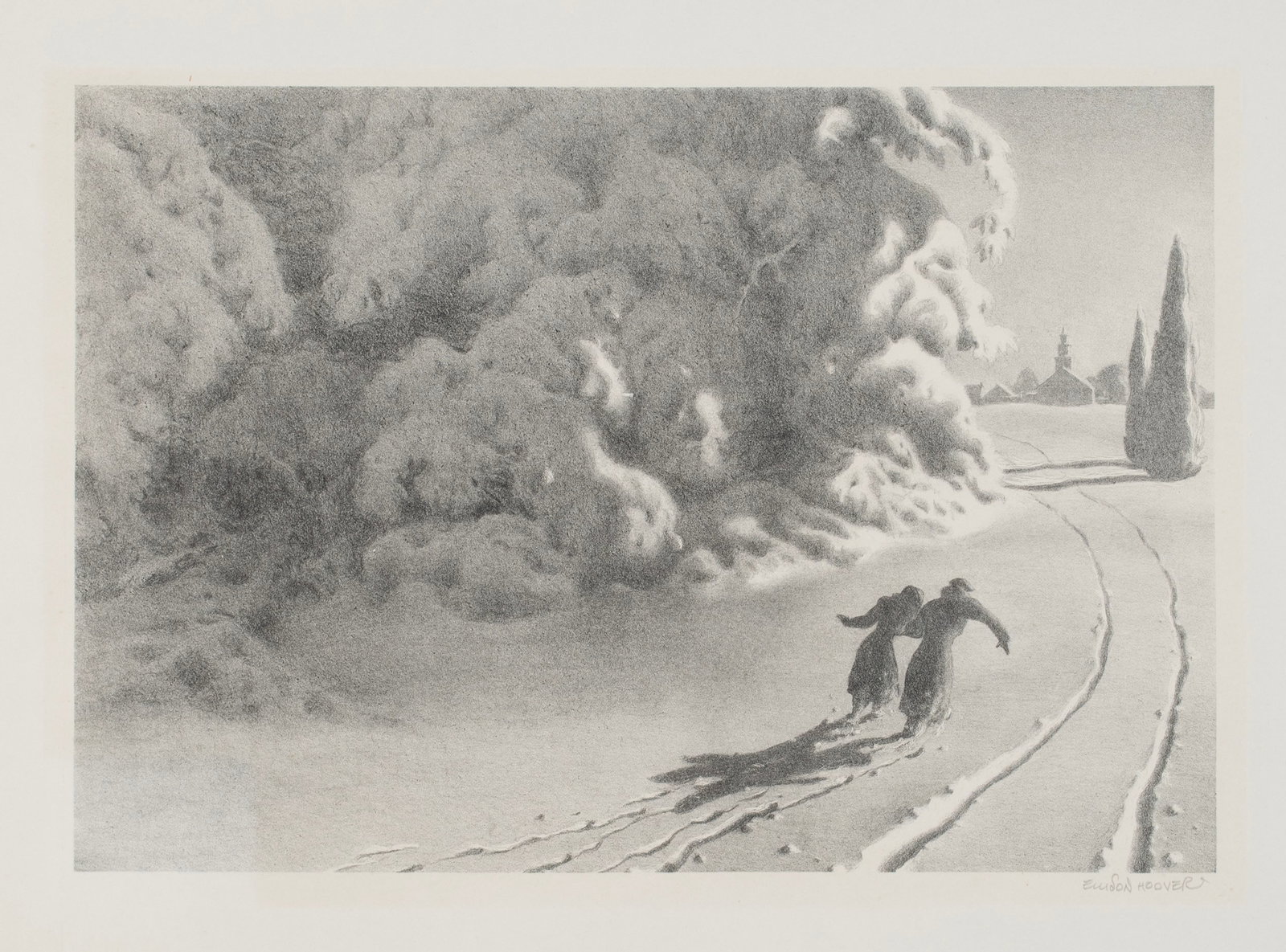 ELLISON HOOVER (AMERICAN, 1888-1955): Ellison Hoover American, 1888-1955 Fair and Colder Lithograph Signed in pencil lower right. Two figures walking in a snowy landscape, unframed. 14 x 18 in. (35.6 x 45.7 cm.), Image: 8 3/4 x 12 1/4