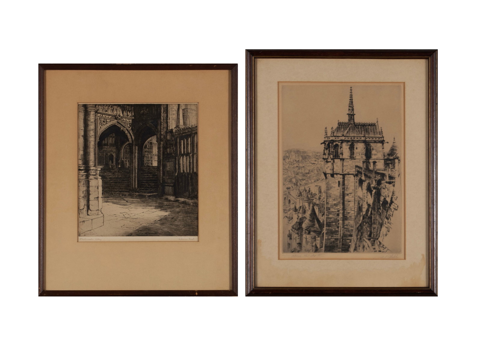 TWO EUROPEAN ARCHITECTURAL ETCHINGS: TWO EUROPEAN ARCHITECTURAL ETCHINGS 20th century. Including 'Above the Old Town' by Alonzo Webb (1888-1975), signed, titled, and numbered 32/75, and 'Westminster Abbey' by Katharine Powell. Both