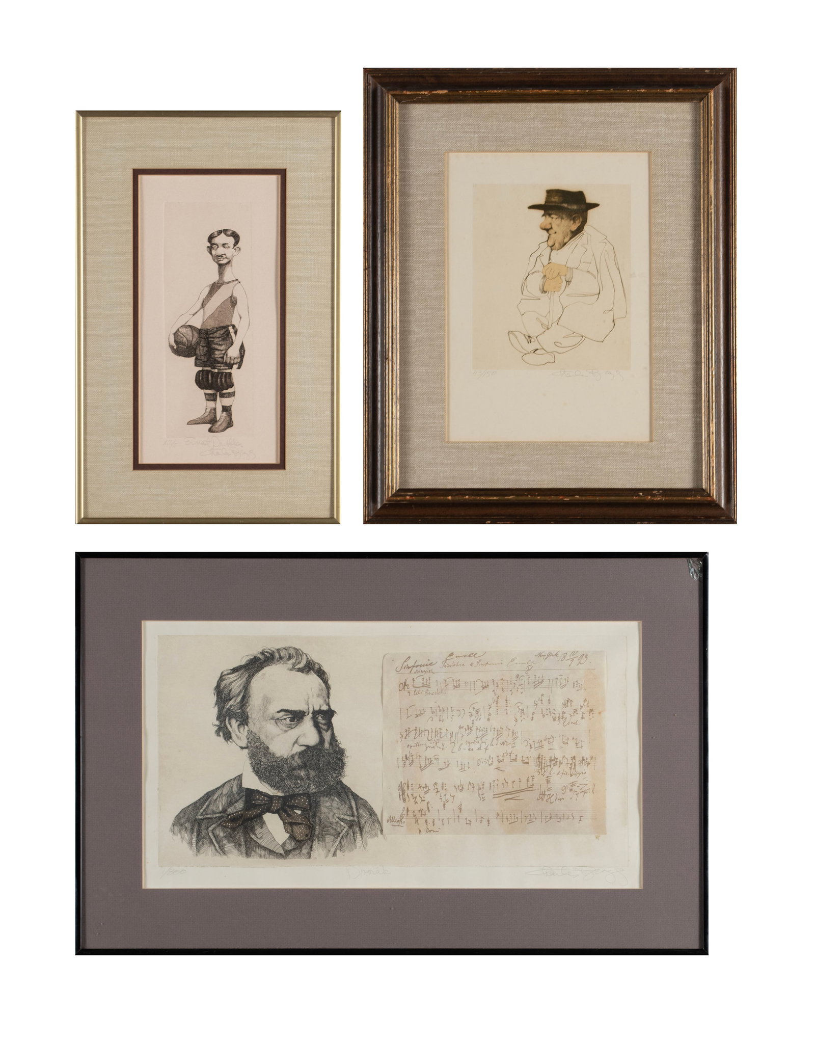 THREE CHARLES BRAGG (AMERICAN, 1931-2017) ETCHINGS: THREE CHARLES BRAGG (AMERICAN, 1931-2017) ETCHINGS 20th century. Including 'Dvorak' (1/300), 'Ernest Dribbler' (XIX/C), and portrait of a man in a hat (43/150). All signed in pencil, matted and