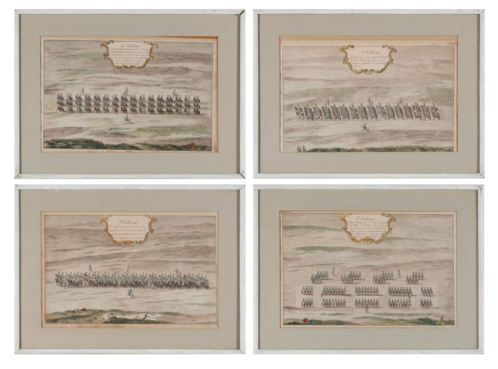 FOUR FRENCH MILITARY ENGRAVINGS: FOUR FRENCH MILITARY ENGRAVINGS Drawn by Louis Nicholas van Blarenberghe (1716-1794). Each matted and framed. Sight: 11 1/4 x 17 1/4 in. (28.6 x 43.8 cm.), Frame: 16 5/8 x 22 5/8 in. (42.2 x 57.5 cm.)