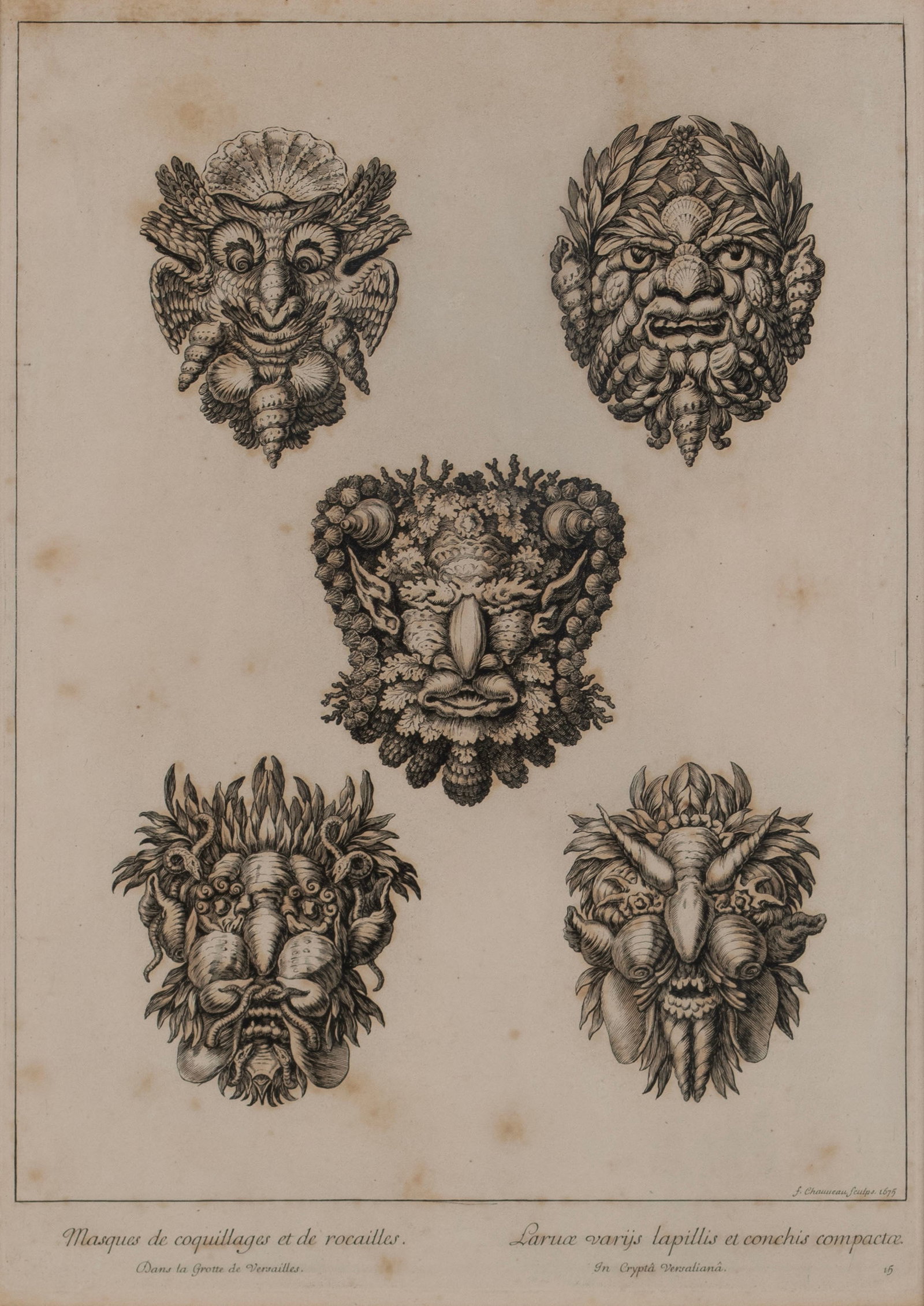 FRANCOIS CHAUVEAU (FRENCH, 1613-1676) ENGRAVING: FRANCOIS CHAUVEAU (FRENCH, 1613-1676) ENGRAVING 'Masques de coquillages et de rocailles', signed and dated 1675 in plate. Matted and framed. Sight: 16 1/2 x 12 in. (41.9 x 30.5 cm.), Frame: 25 x 20