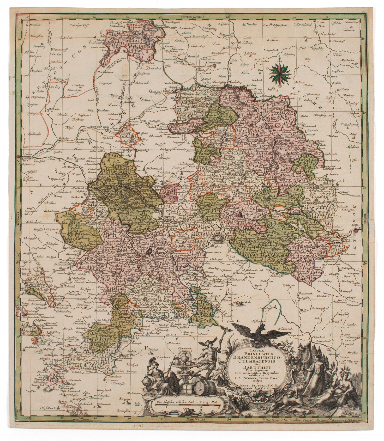 MATTHAUS SEUTTER (GERMAN, 1678-1757), MAP OF BRANDENBURG: MATTHAUS SEUTTER (GERMAN, 1678-1757), MAP OF BRANDENBURG Hand colored engraving on laid paper, unframed. Engraver and publisher information in cartouche lower right. Sheet: 23 x 20 in. (58.4 x 50.8