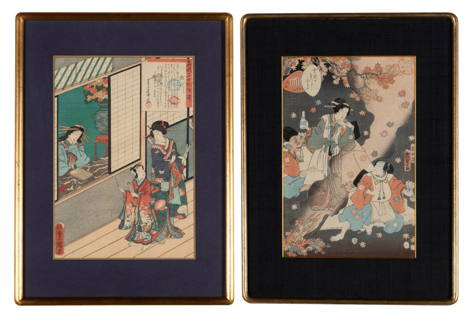 TWO UTAGAWA KUNISADA (JAPANESE, 1823-1880) WOODBLOCKS: TWO UTAGAWA KUNISADA (JAPANESE, 1823-1880) WOODBLOCKS Japan, No. 38, Suzumushi (The Bell Cricket) from the series Murasaki Shikibu Genji Cards by Utagawa Kunisada II in 1857. Segawa, No.26 from the