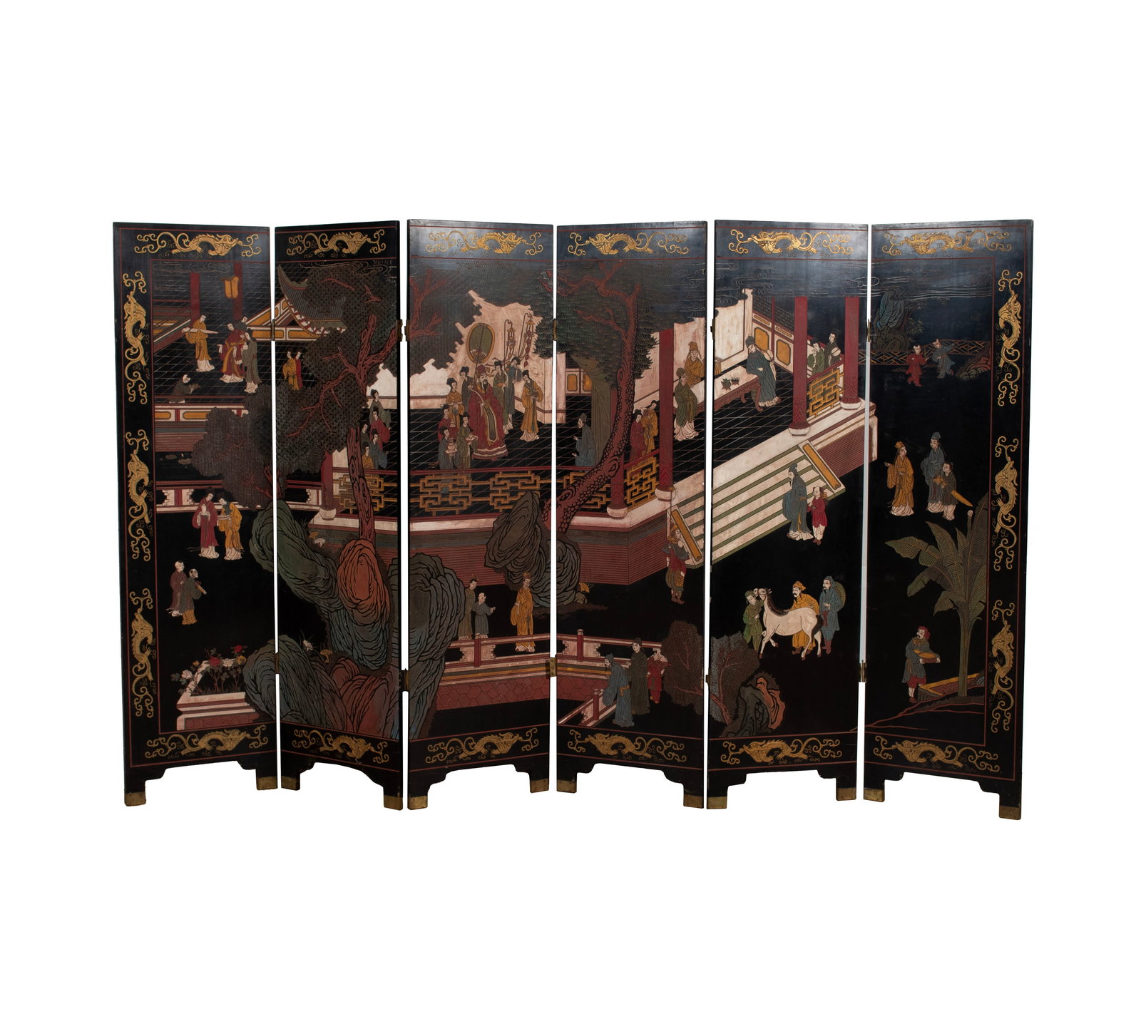 SIX PANEL COROMANDEL LACQUER ROOM SCREEN: SIX PANEL COROMANDEL LACQUER ROOM SCREEN Chinese, 20th century. On one side a continuous palace scene with figures, on the other a scene of flowers, birds and trees. Each panel: 72 x 20 in. (182.9 x 5